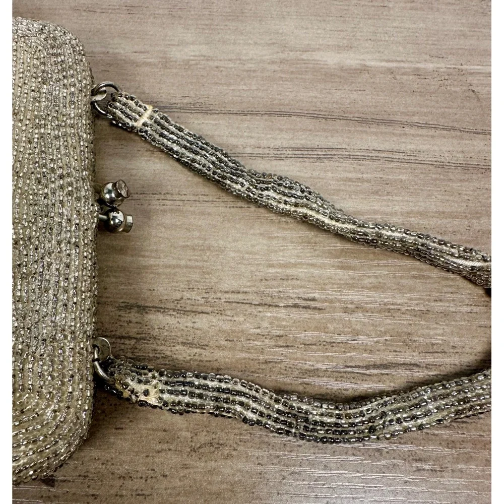 Vivant Sarne‎ Vintage Beaded Evening Wedding Bag Cream Grey Floral Made in Japan